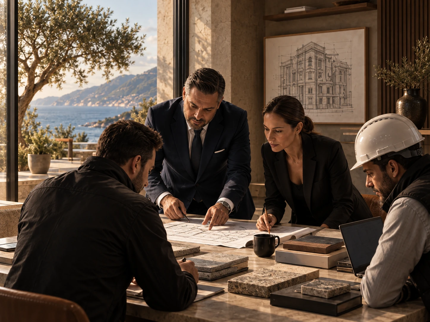 Équipe de coordination réunie autour de plans architecturaux dans un bureau ouvert sur la mer