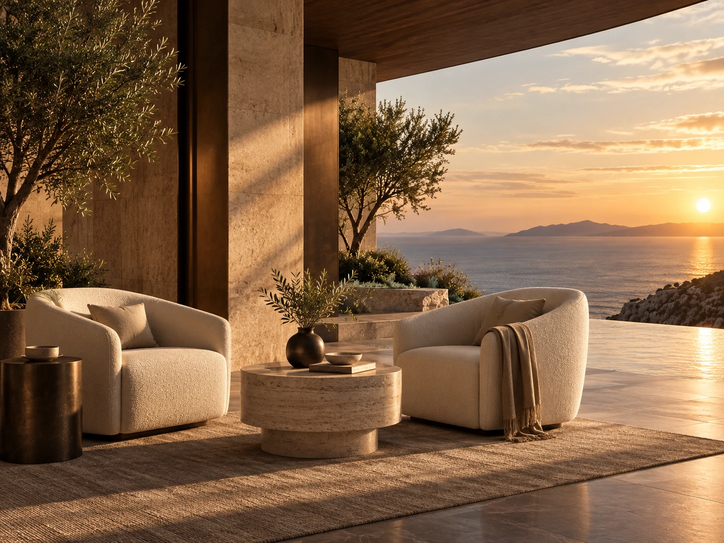 Terrasse ouverte sur la mer au coucher du soleil, résidence ORYA