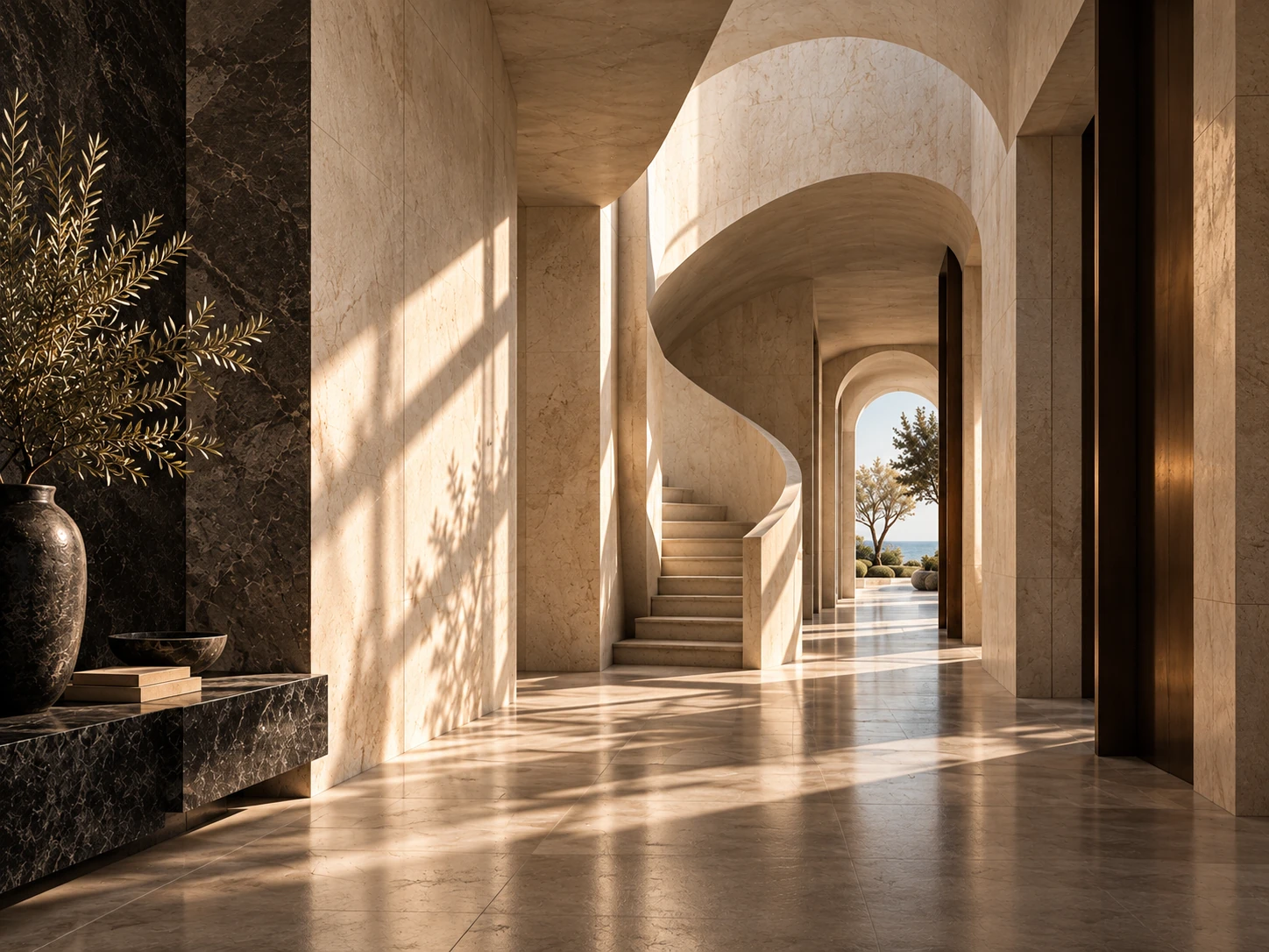 Escalier sculptural en travertin dans un intérieur contemporain