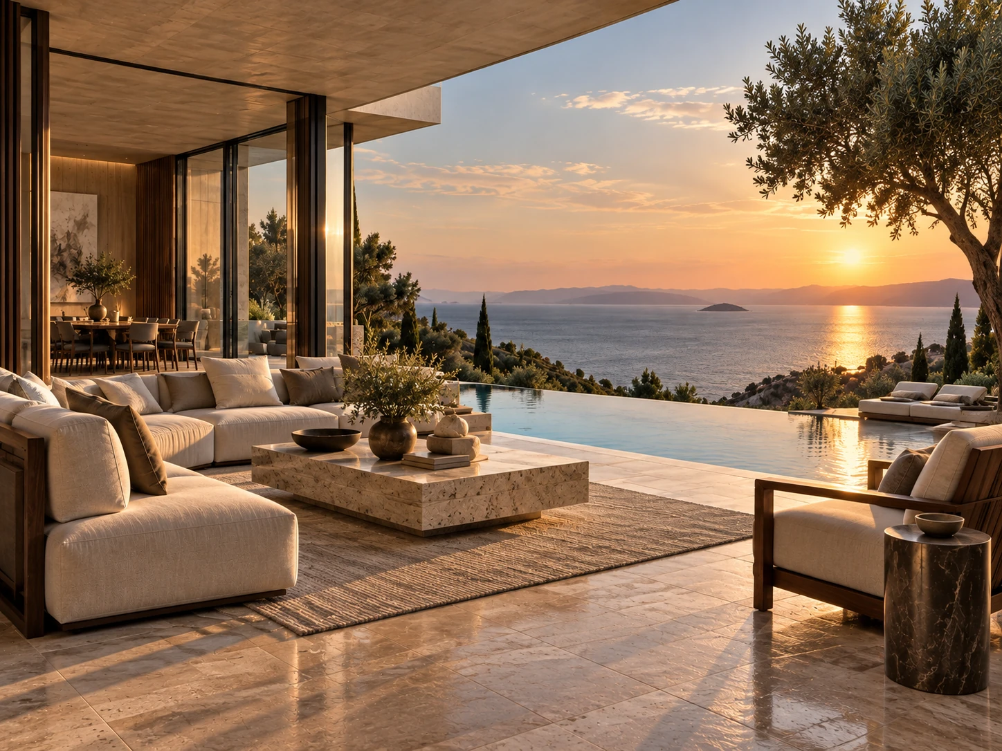 Terrasse ouverte sur la mer au coucher du soleil, résidence ORYA