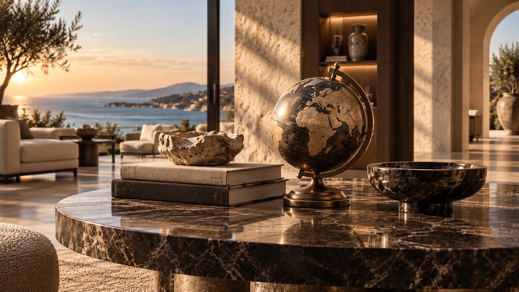 Livres et globe décoratif sur une table en marbre, terrasse au coucher du soleil